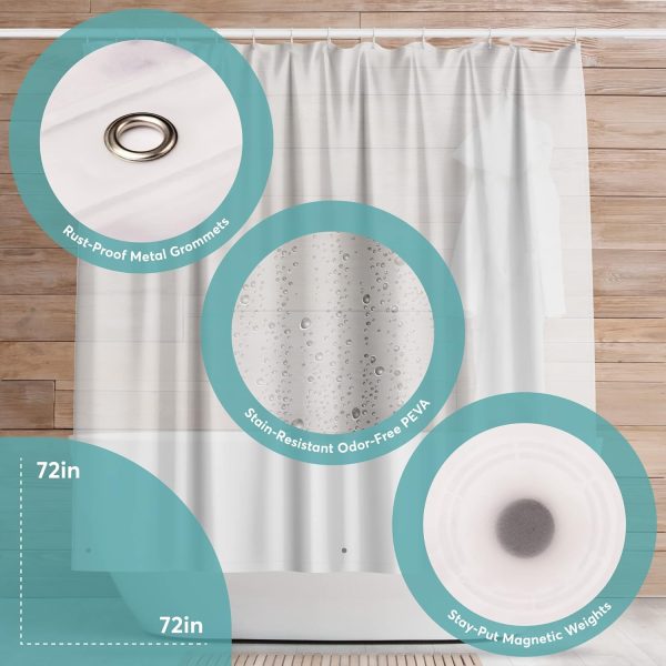 Shower Curtain Liner – 72 x 72 PEVA Heavy Duty Shower Curtain with Rustproof Metal Grommet and 3 Magnetic Weights – Odor Free and Compatible with Standard Showers, Clear - Image 3