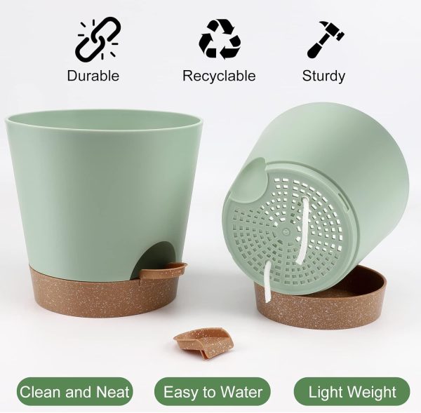 Indoor Self Watering Planters with Drainage Holes and Saucers, 8, 7, 6.5, 6, 5.5, 5 Inches, Green, 6 Pots - Image 3
