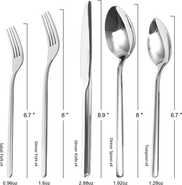 KINGSTONE Silverware Set, 20 Piece Flatware Cutlery Set for 4, 18/10 Stainless Steel Silverware Mirror Polished Dishwasher Safe for Home, Restaurant, Wedding, Party(Silver, 20 pieces for 4) - Image 4