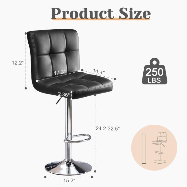 Sweetcripy Bar Stools Set of 2, PU Leather Adjustable Swivel Barstools, Armless Hydraulic Kitchen Counter Height Bar Stools, Thickened Seat Cushion Square Island Barstools with Back, Black - Image 2