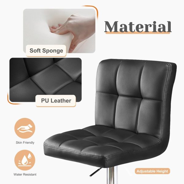 Sweetcripy Bar Stools Set of 2, PU Leather Adjustable Swivel Barstools, Armless Hydraulic Kitchen Counter Height Bar Stools, Thickened Seat Cushion Square Island Barstools with Back, Black - Image 5
