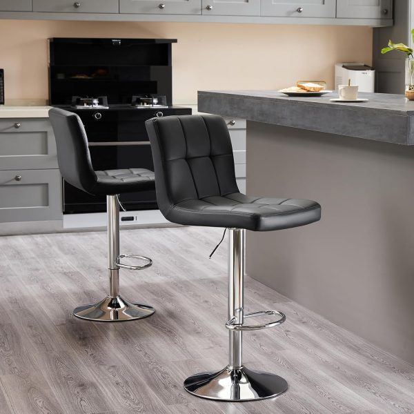 Sweetcripy Bar Stools Set of 2, PU Leather Adjustable Swivel Barstools, Armless Hydraulic Kitchen Counter Height Bar Stools, Thickened Seat Cushion Square Island Barstools with Back, Black - Image 6