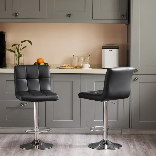 Sweetcripy Bar Stools Set of 2, PU Leather Adjustable Swivel Barstools, Armless Hydraulic Kitchen Counter Height Bar Stools, Thickened Seat Cushion Square Island Barstools with Back, Black - Image 7