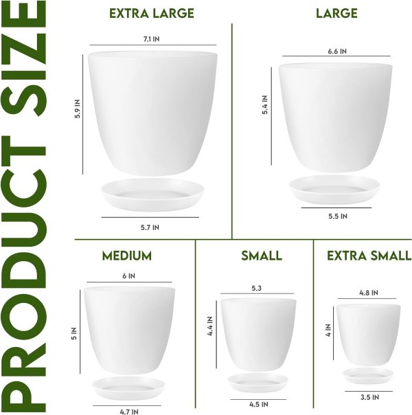 Utopia Home - Plant Pots with Drainage - 7/6.6/6/5.3/4.8 Inches Home Decor Flower Pots for Indoor Planter - Pack of 5 Plastic Planters, Cactus, Succulents Pot - White - Image 2